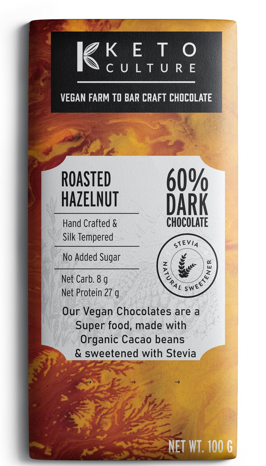 Pecan Nut - 60% Vegan Dark Chocolate - Stevia Sweetened  - 100 G Bar